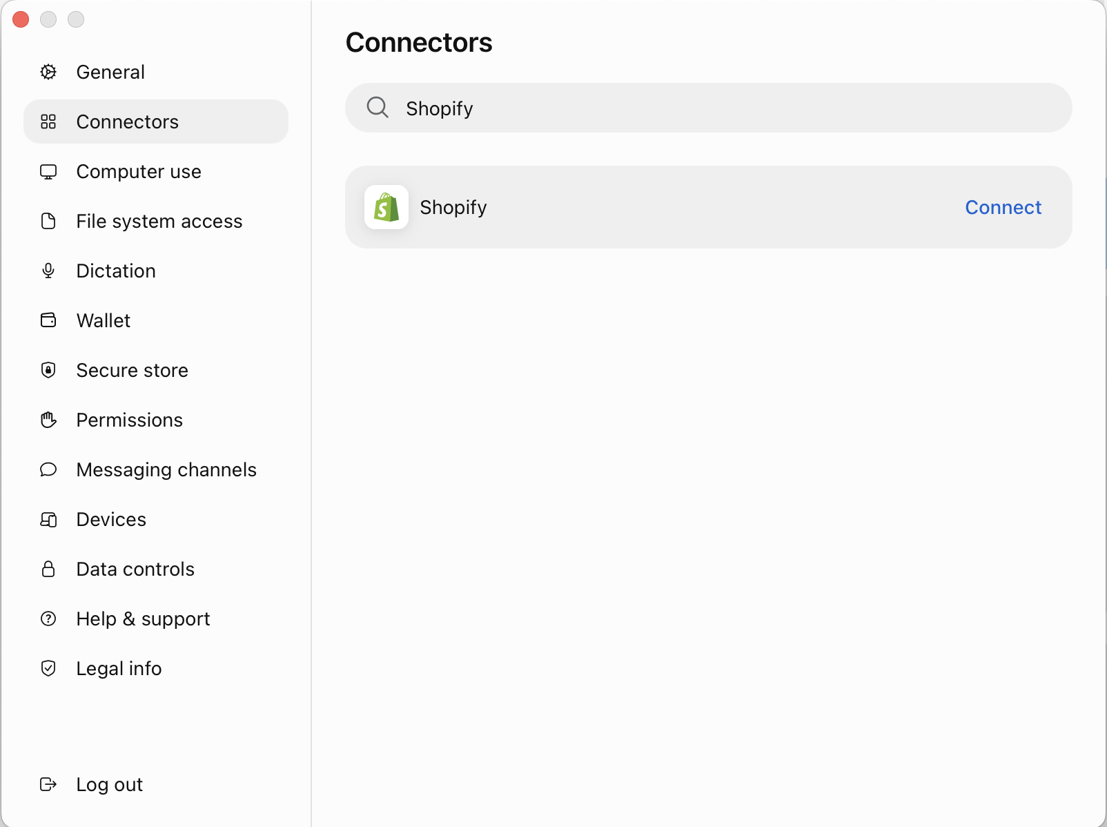 Muse settings showing Shopify in the Connectors section with a Connect button.