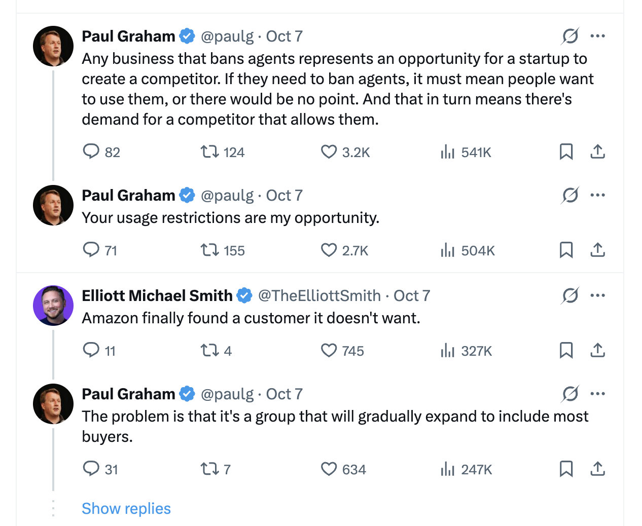 Paul Graham's follow-up posts on X about companies that ban agents.