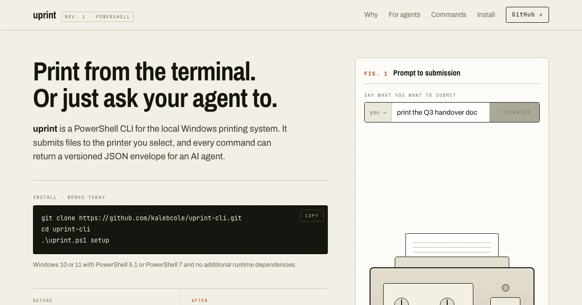 uprint website homepage with its terminal printing workflow